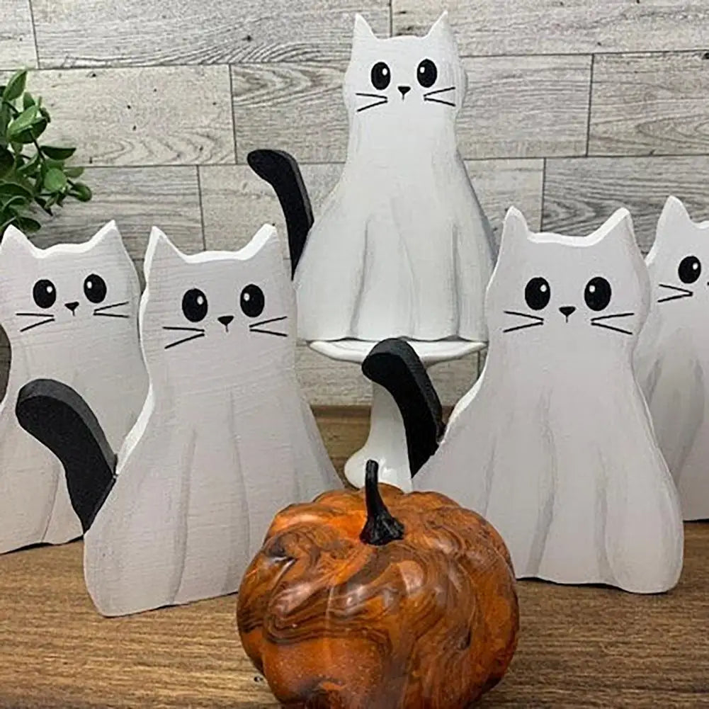 1/2Pcs Ghost Cat Table Sign Halloween Spooky Wooden Ghost Kitten Tiered Tray Decoration Rustic Desktop Ghost Animal Layered Tray