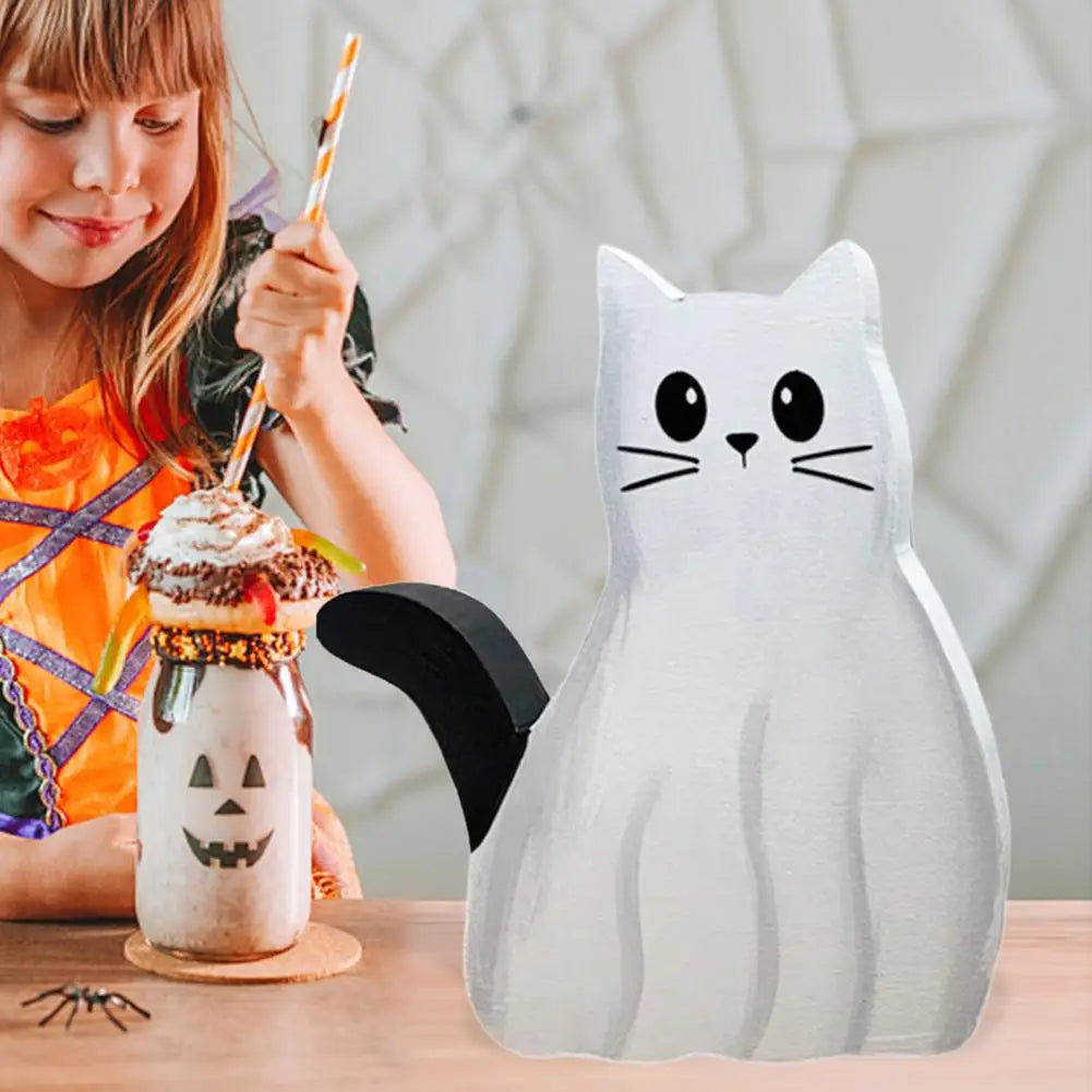 1/2Pcs Ghost Cat Table Sign Halloween Spooky Wooden Ghost Kitten Tiered Tray Decoration Rustic Desktop Ghost Animal Layered Tray