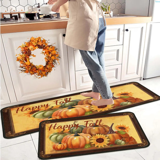 Happy Fall Pumpkin Kitchen Rugs Autumn Harvest Thanksgiving Living Room Bedroom Entrance Non-slip Carpets Bath Laundry Floor Mat