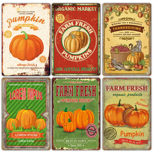 Fall Harvest Fresh Pumpkin Metal Sign Vintage Wall Stickers Thanksgiving Tin Plaque Wall Art Metal Plate Farm Decor Metal Decor