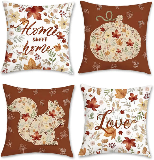 Cushion cover autumn 45 x 45 cm autumn leaf squirrel pumpkin short plush decoration pillowcase living room home decoration