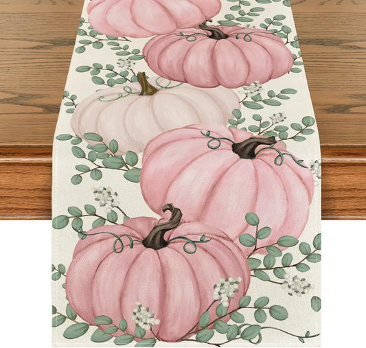 Halloween Pink Pumpkins Eucalyptus Fall Table Runner Autumn Thanksgiving Kitchen Dining Table Decoration for Home Party Decor