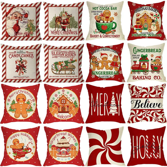 Christmas Candy Decoration Pillow Covers 18 x18 Set of 4, Gingerbread Bakery Canes Decorative Throw Cushion Pillow Case