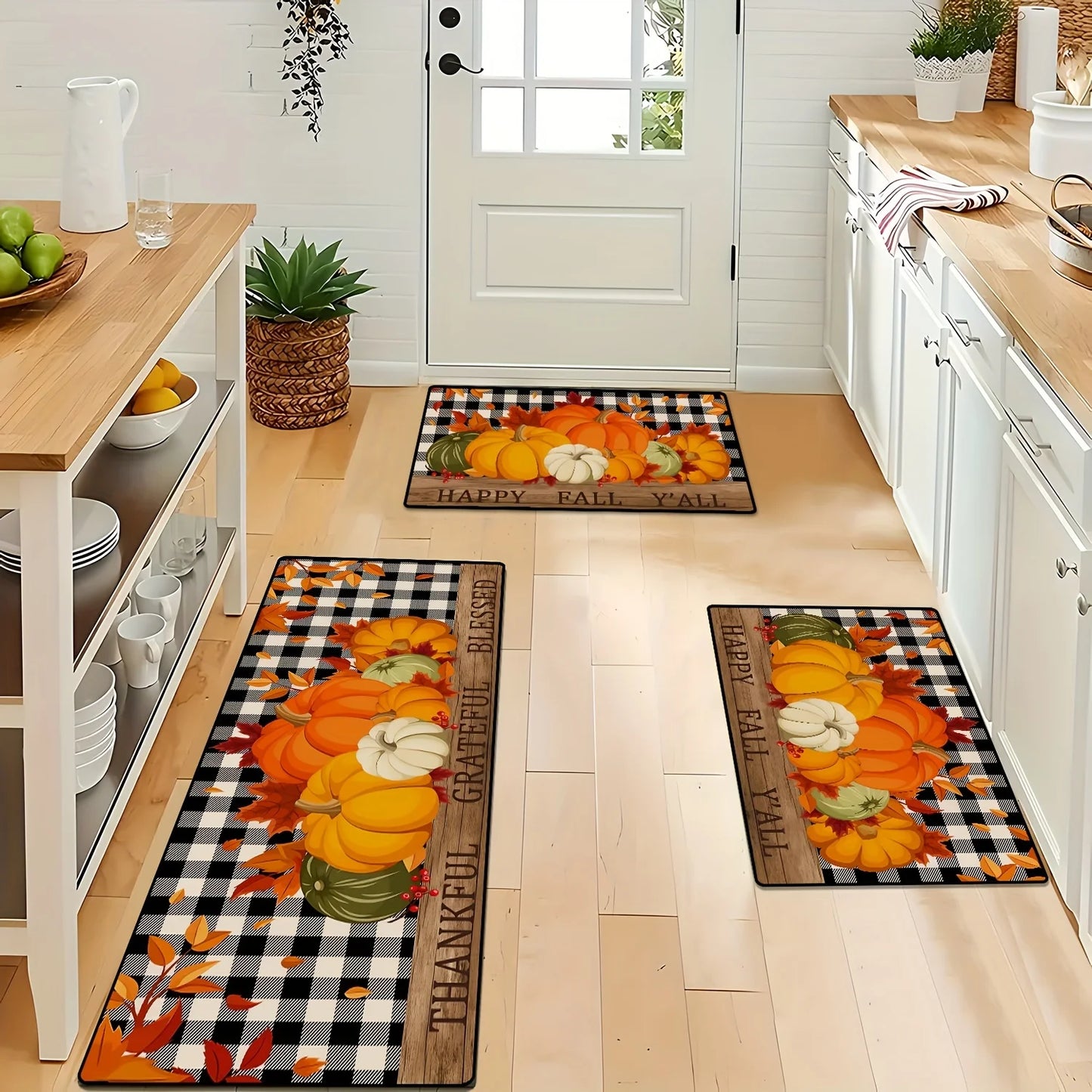 "Happy Fall Y'All" Thanksgiving Pumpkin Plaid Doormats Autumn Maple Leaf Kitchen Carpets Washable Balcony Hallway Non-slip Rugs