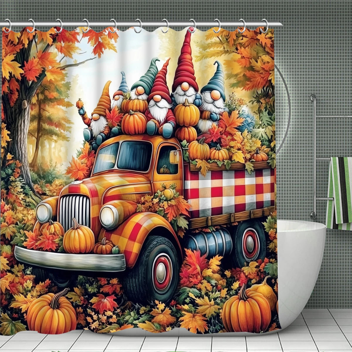 1/4PC Halloween pumpkin car Christmas shower curtain set,waterproof shower curtain and waterproof non-slip carpet,12free hooks