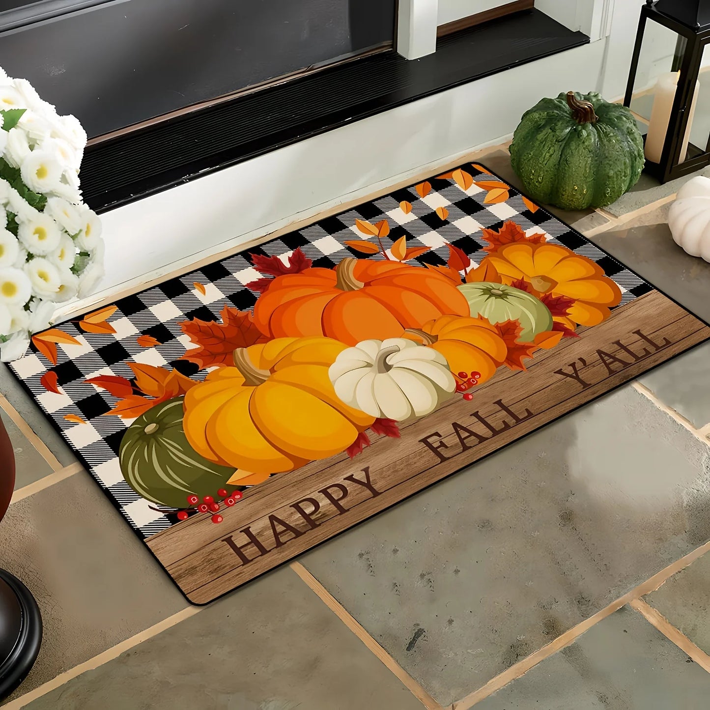 "Happy Fall Y'All" Thanksgiving Pumpkin Plaid Doormats Autumn Maple Leaf Kitchen Carpets Washable Balcony Hallway Non-slip Rugs