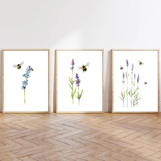 Lavender and Bumble Bee Watercolor Art Painting Prints Purple Flowers Plant Canvas Posters Wall Pictures Living Room Home Decor