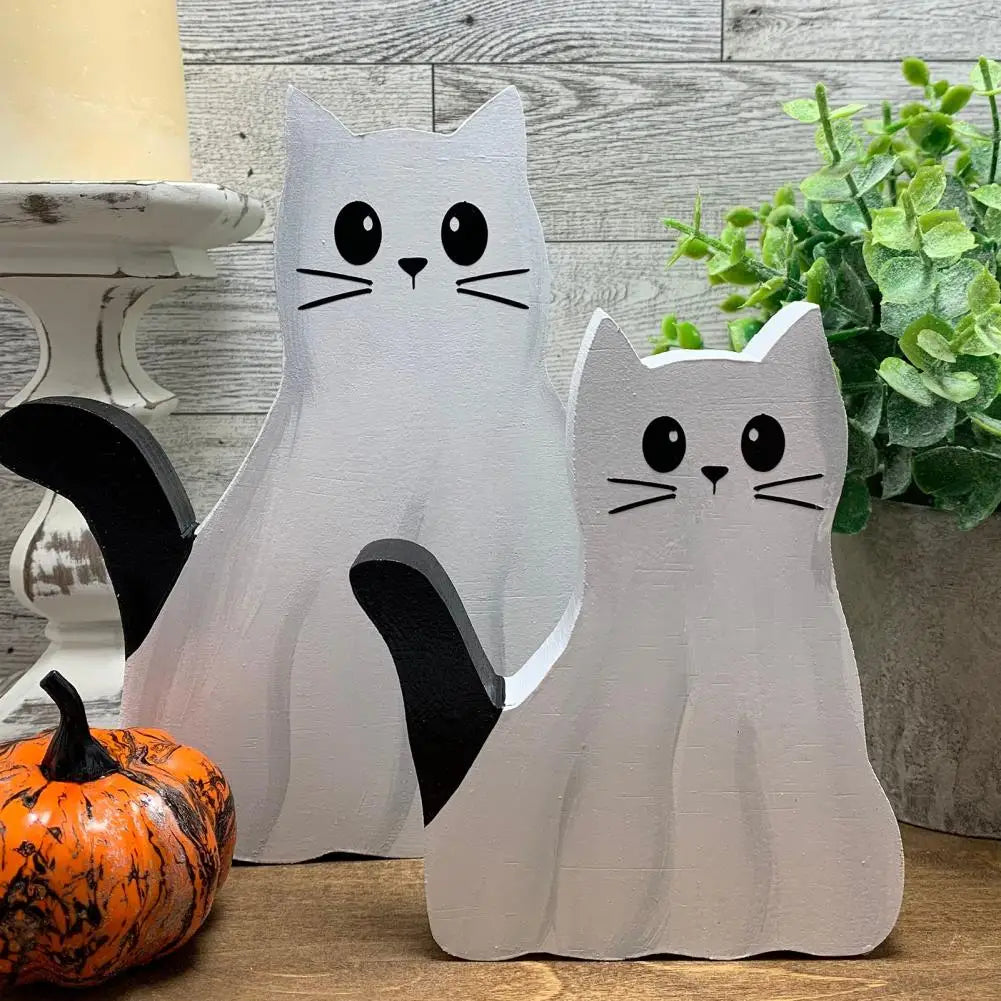 1/2Pcs Ghost Cat Table Sign Halloween Spooky Wooden Ghost Kitten Tiered Tray Decoration Rustic Desktop Ghost Animal Layered Tray