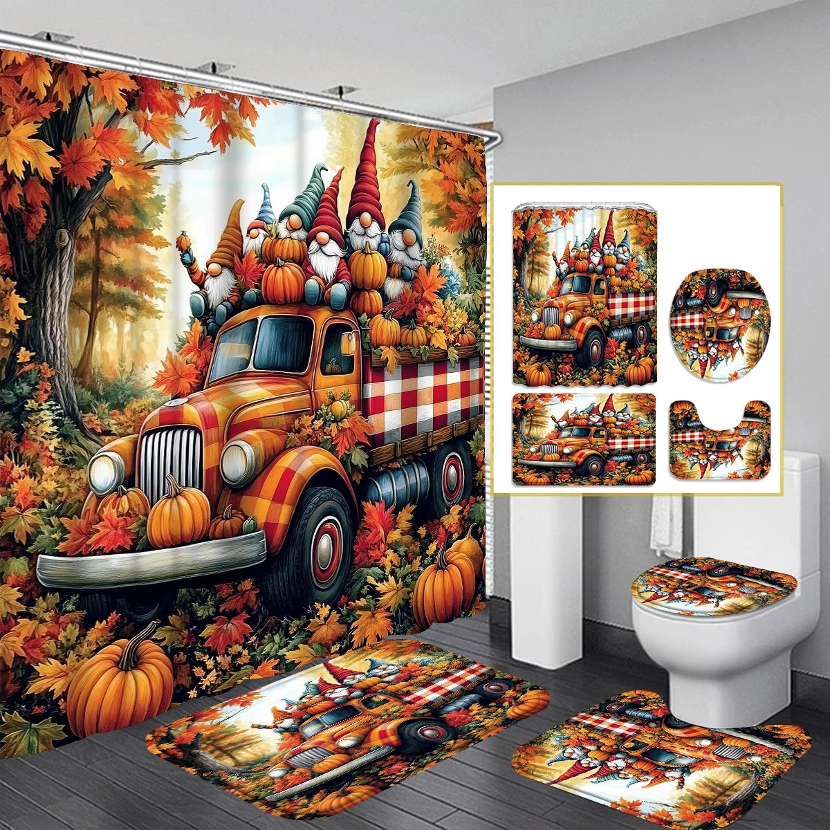 1/4PC Halloween pumpkin car Christmas shower curtain set,waterproof shower curtain and waterproof non-slip carpet,12free hooks